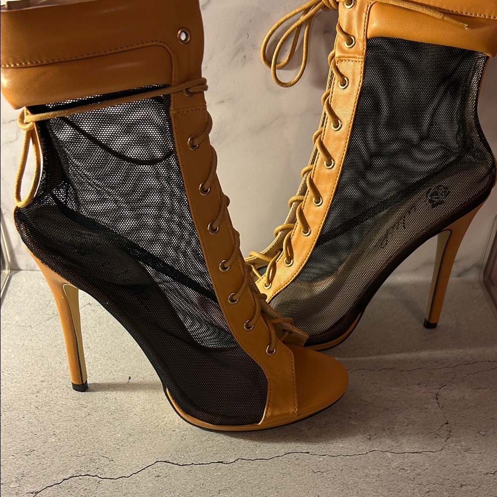 Wild Pair Tan and Black Mesh Lace-Up Heels